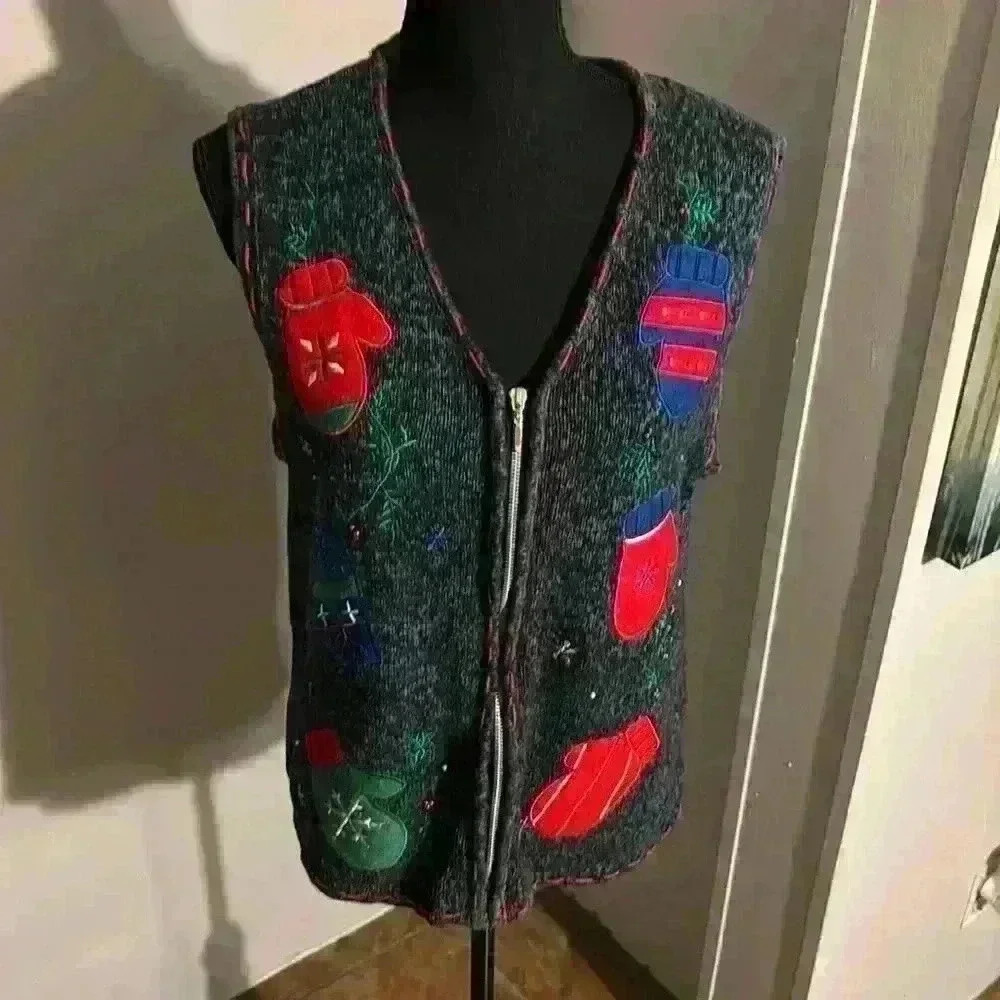 Pappagallo Women's Sweater Vest Medium Mittens Embellishments Full Zip - Picture 1 of 6
